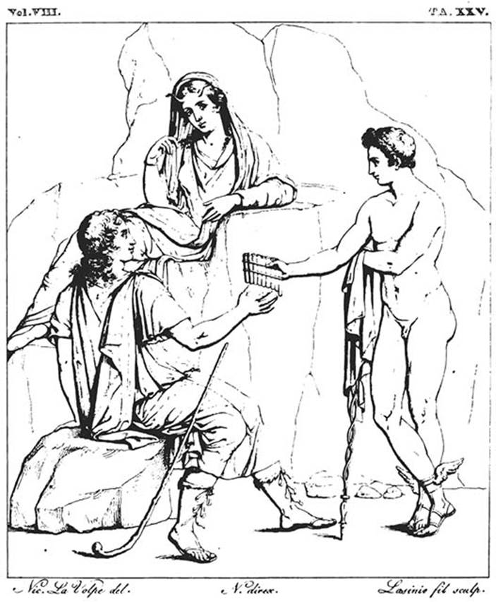 II.2 Herculaneum, 1832. East side of wide rectangular exedra on north side of peristyle.
Painting by N. La Volpe of Io, Argo, and Mercury.
See Real Museo Borbonico VIII, 1832, Tav. 25.